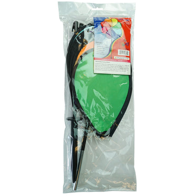 Rainbow Dazy Petal Spinner features eight colorful petals arranged in a flower design, spinning in the breeze atop a sturdy pole in a garden setting.