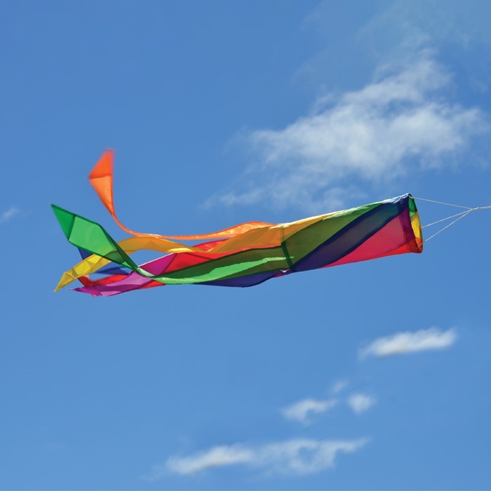 Rainbow Diagonal 33" Windsock showcasing vibrant rainbow colors swaying in the breeze, designed for outdoor garden decor.