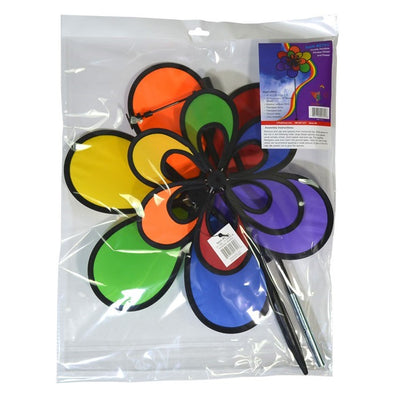 15-inch Rainbow Double Windee Wheelz garden spinner displaying vibrant colors in rotation, supported by a sturdy fiberglass pole and stake.