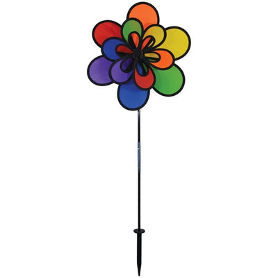 15-inch Rainbow Double Windee Wheelz garden spinner displaying vibrant colors in rotation, supported by a sturdy fiberglass pole and stake.