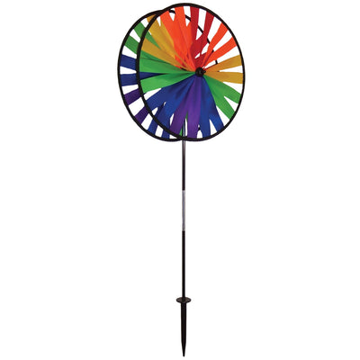 Rainbow Duo Wheel Spinner featuring two colorful spinning wheels on a fiberglass pole, creating a vibrant outdoor decoration.