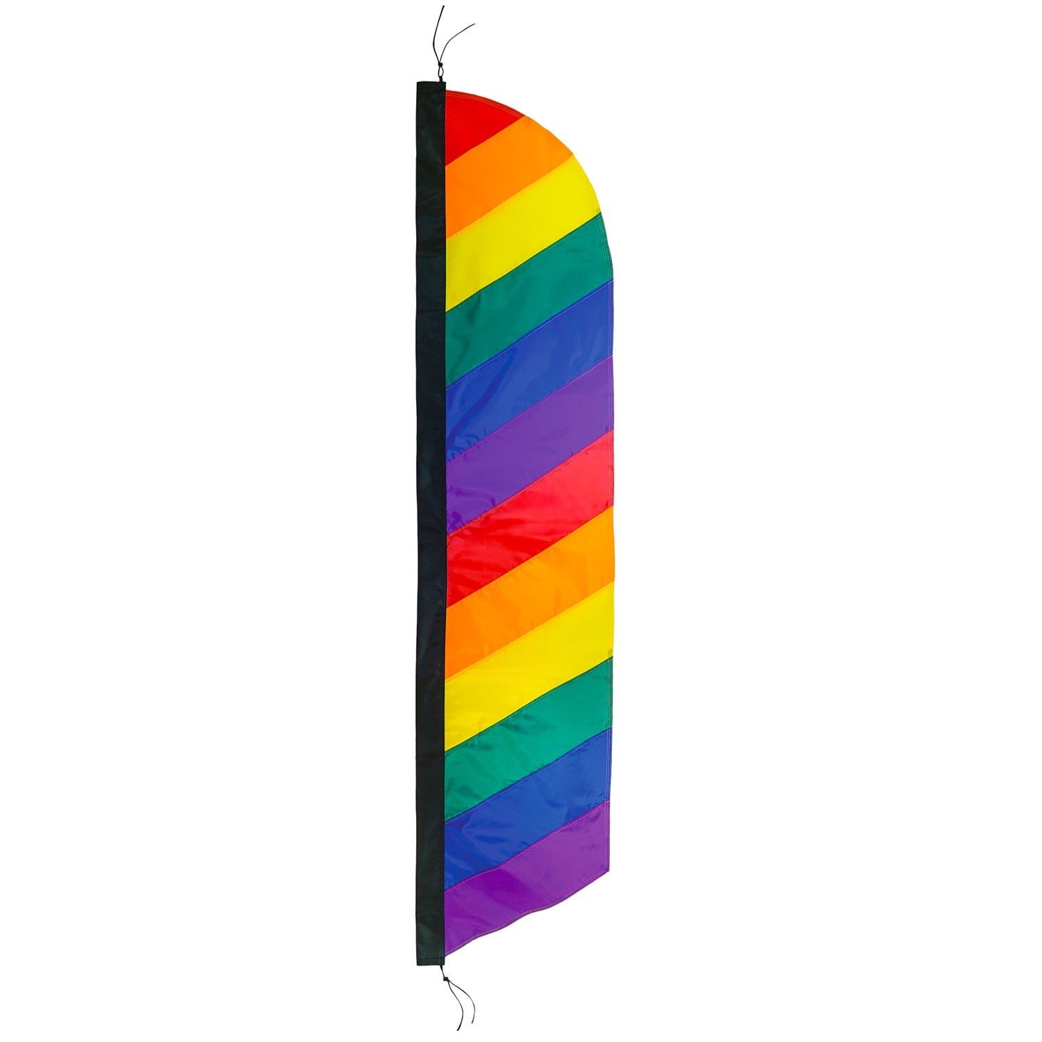 7-foot Rainbow Feather Banner with colorful applique stripes standing on an outdoor pole, illuminated by sunlight for a vibrant display.