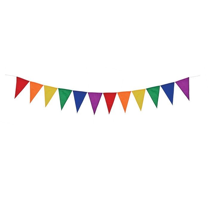 Rainbow Festive Pennant String featuring colorful triangular flags hanging outdoors at a vibrant celebration.