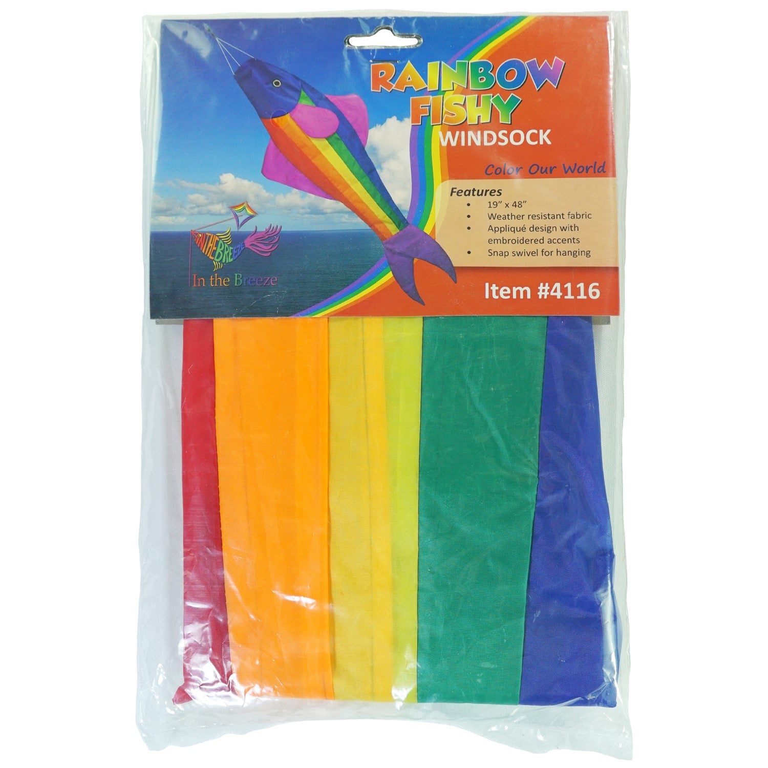 Rainbow Fishy 48-inch Fishsock in vibrant colors hanging gracefully in a garden setting, showcasing its playful design and durable construction.