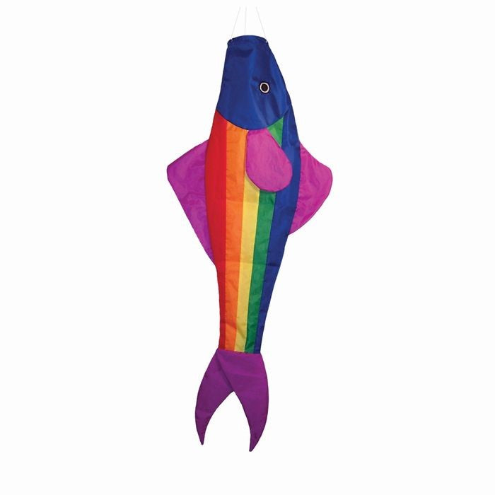 Rainbow Fishy 48-inch Fishsock in vibrant colors hanging gracefully in a garden setting, showcasing its playful design and durable construction.