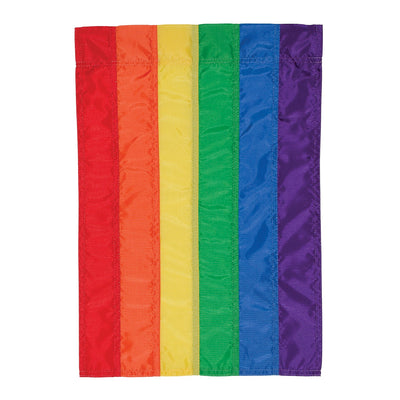 Vibrant Rainbow Garden Flag featuring bright colors displayed on both sides, set against a garden backdrop with flowers.