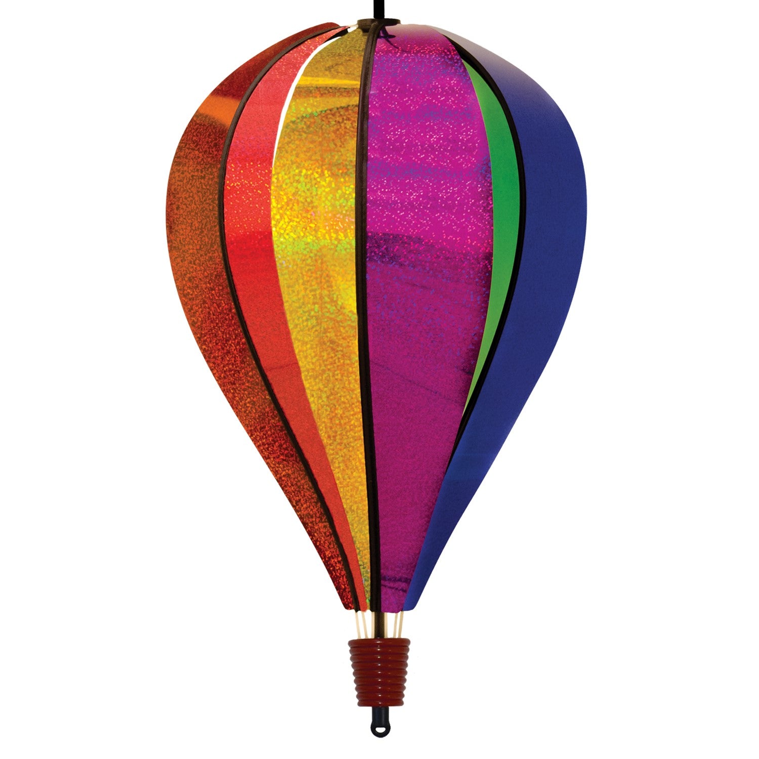Rainbow Glitter 6-Panel Hot Air Balloon in an outdoor setting, showing colorful sparkling Mylar and ready to spin in the breeze.