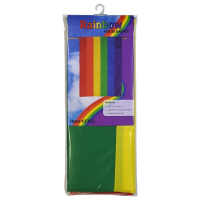 Rainbow House Banner featuring a vibrant double-sided applique design displayed on a flagpole in a colorful garden setting.