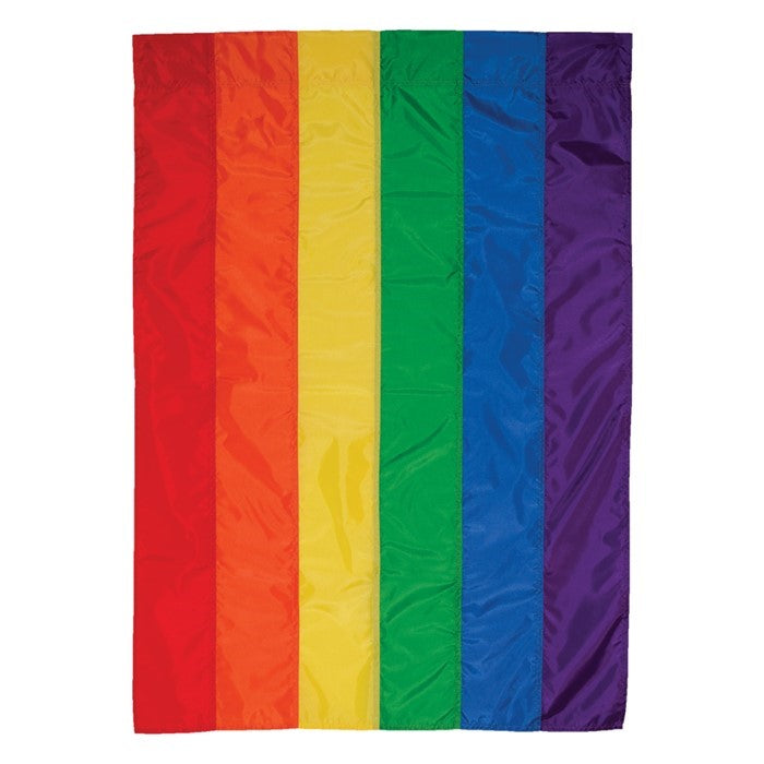 Rainbow House Banner featuring a vibrant double-sided applique design displayed on a flagpole in a colorful garden setting.