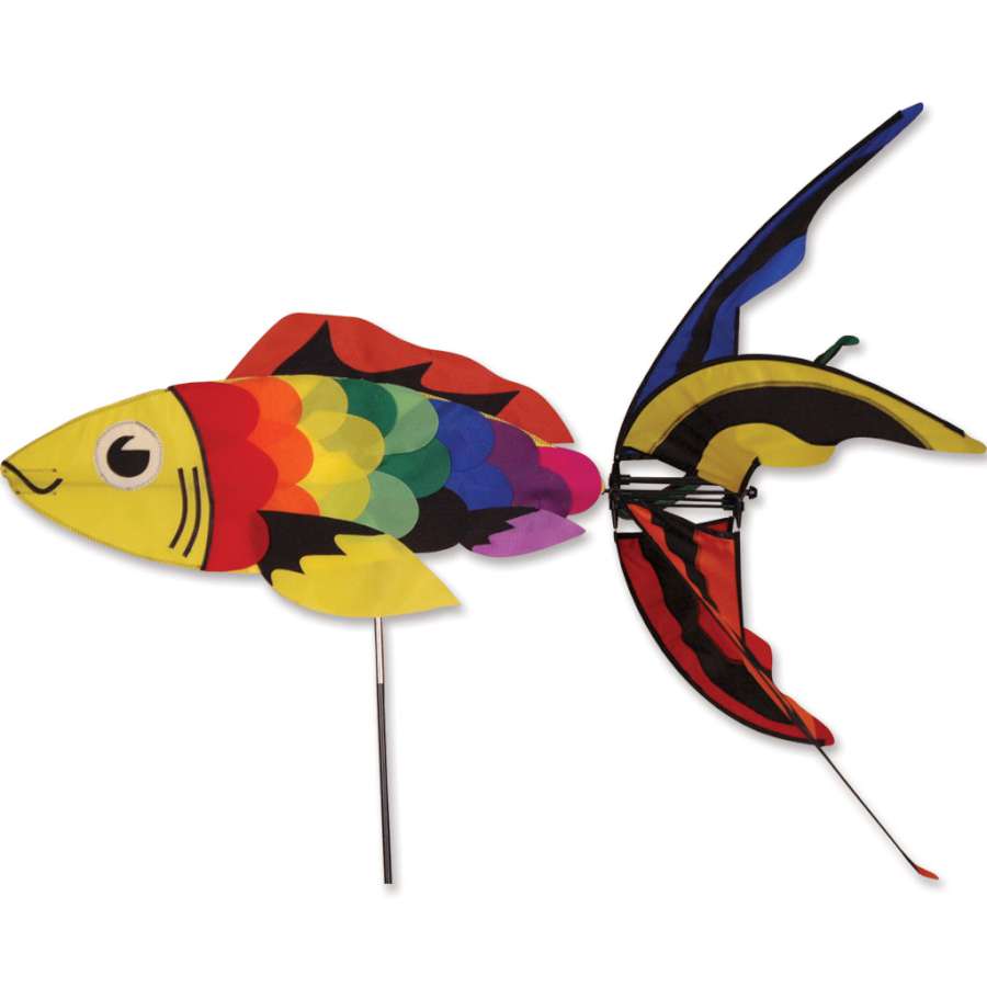 Rainbow Koi Spinner with vibrant koi fish design gently spinning in the breeze against a beautiful garden backdrop.