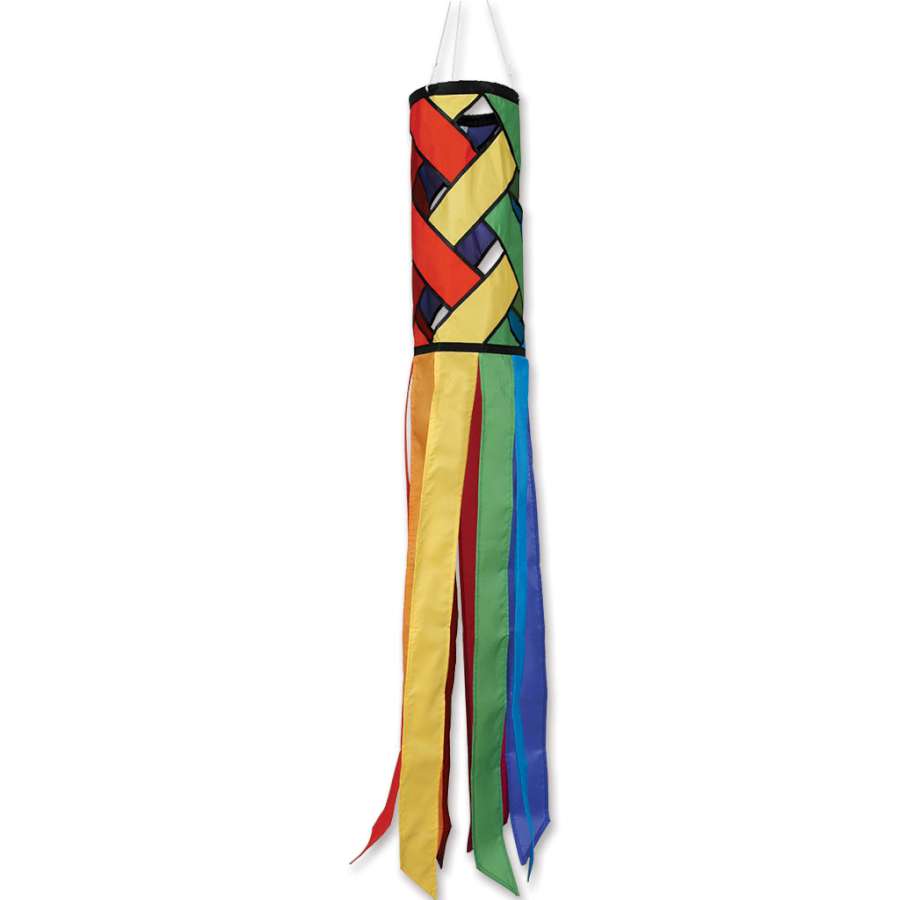 Rainbow Lattice 60-inch windsock in vibrant colors displayed outdoors, fluttering in the wind, enhancing the garden's appearance.