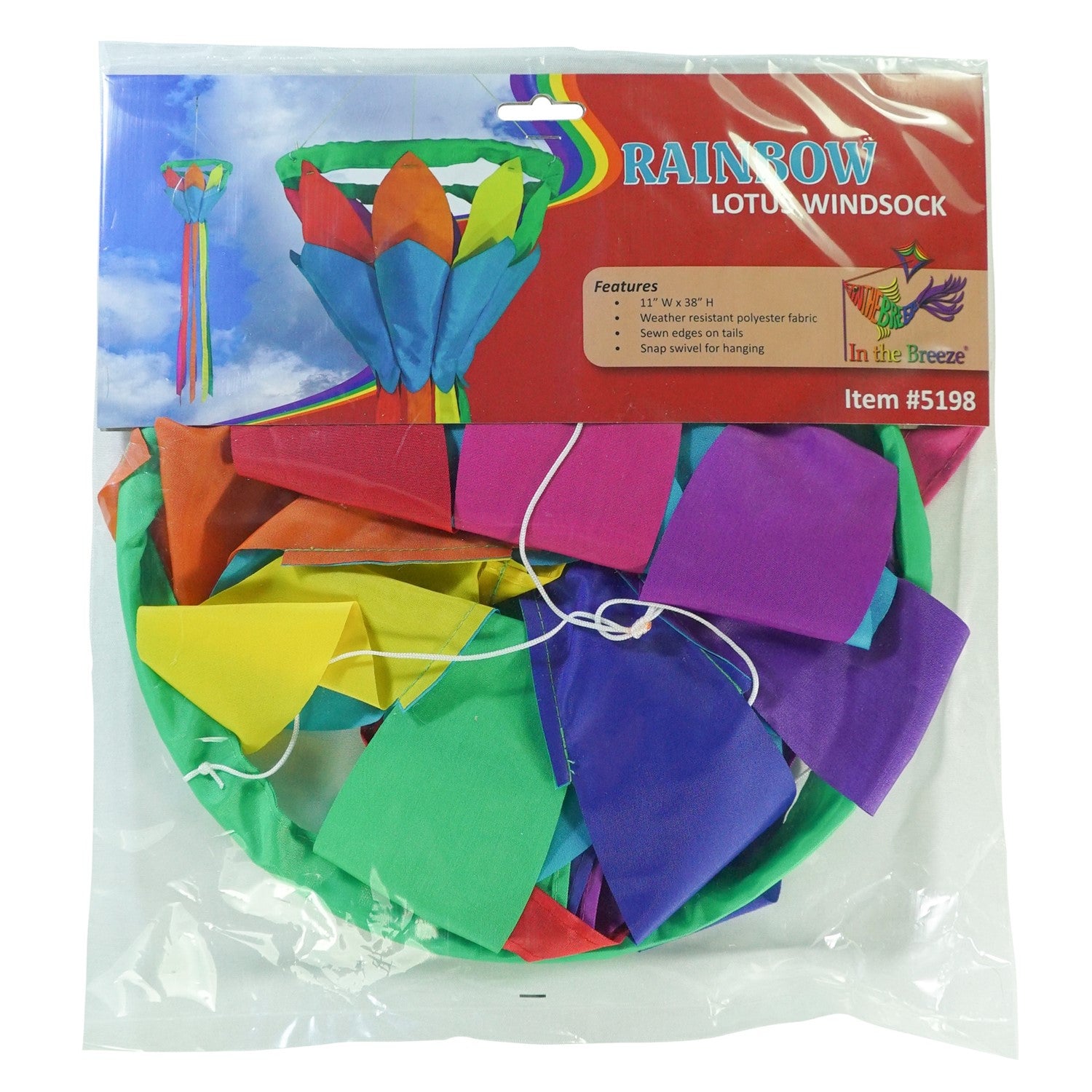 Rainbow 38'' Lotus Flower Windsock with colorful petals and flowing tails, gently swaying in the breeze, hanging in a garden setting.