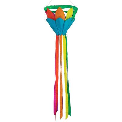 Rainbow 38'' Lotus Flower Windsock with colorful petals and flowing tails, gently swaying in the breeze, hanging in a garden setting.