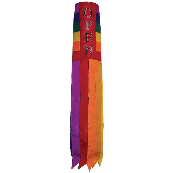 Rainbow Open windsock with vibrant colors and "OPEN" lettering, designed for outdoor display and fluttering elegantly in the breeze.