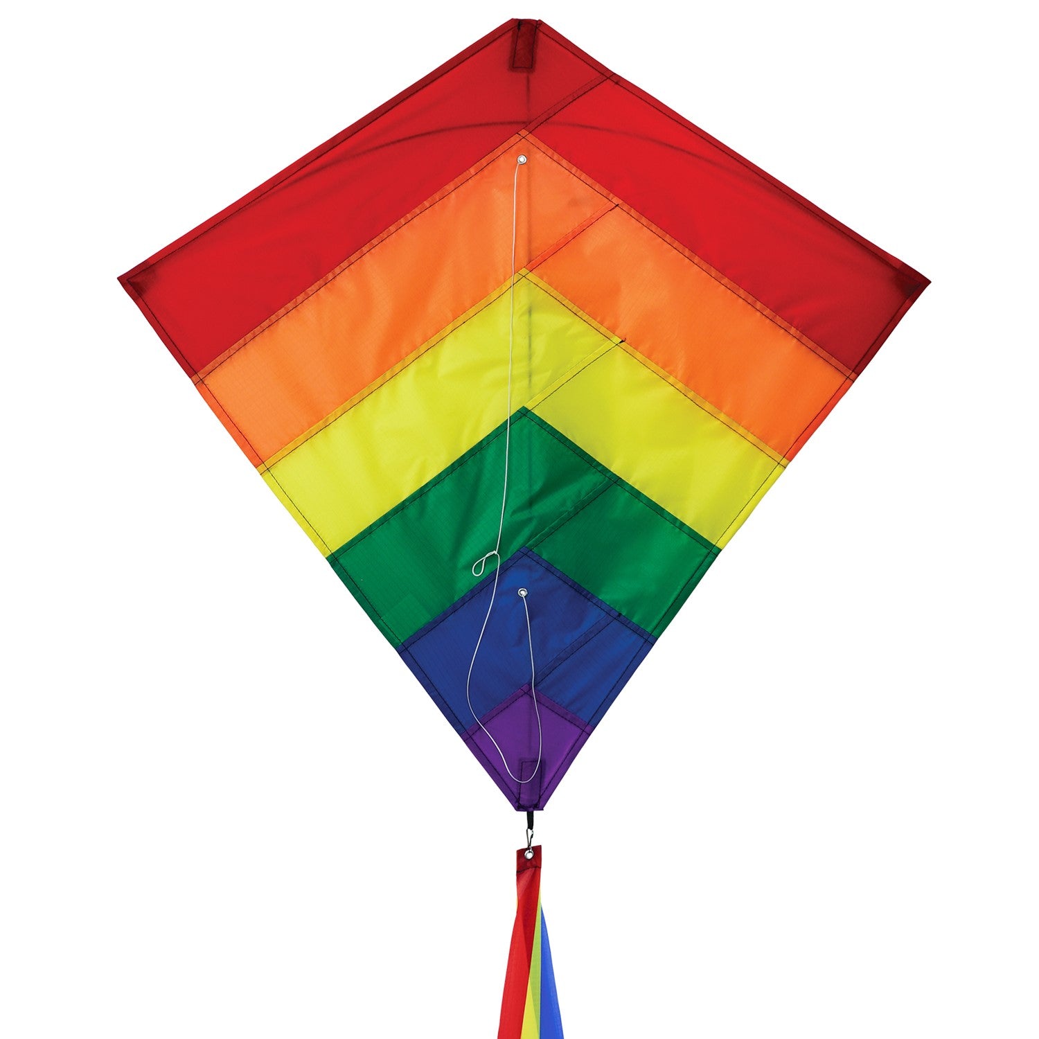 Rainbow Overlay 30-inch Diamond Kite flying in the blue sky with colorful streamer tails trailing below, showcasing its vibrant design.