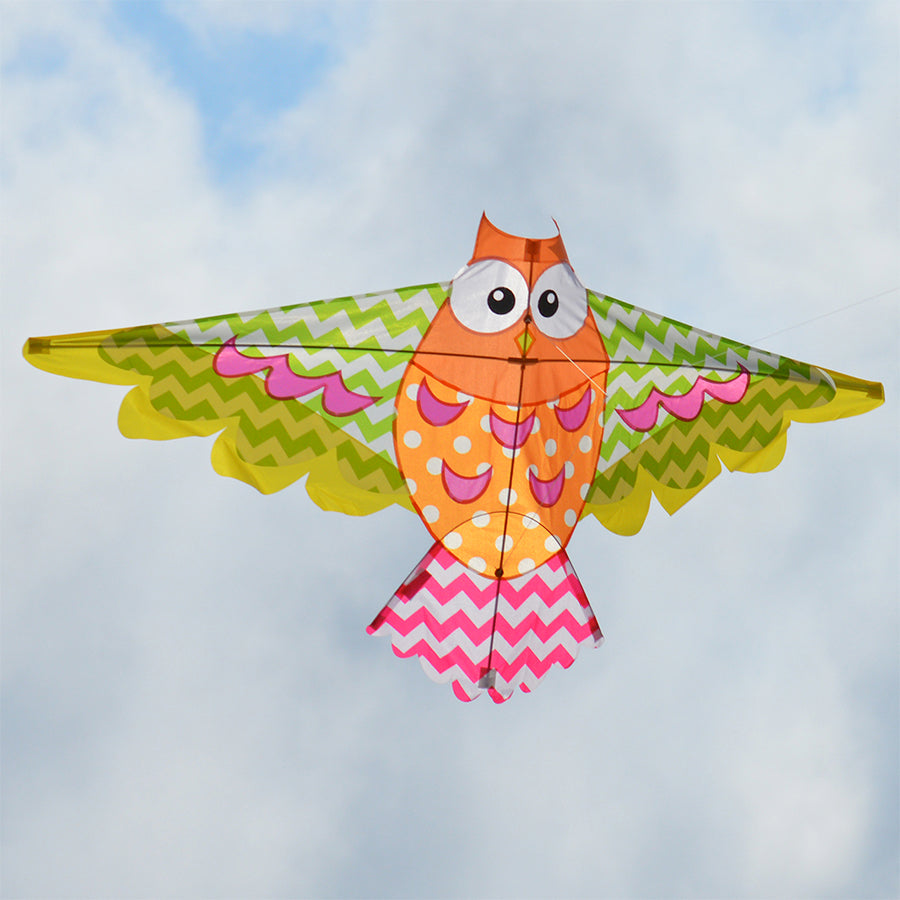 Rainbow Owl Kite measuring 70 x 36 inches, featuring intricate owl design flying against a clear sky, perfect for outdoor enjoyment.