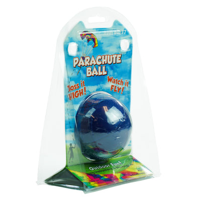 Rainbow Parachute Ball showcasing vibrant tie-dye parachute and colorful design, floating gently to the ground in an outdoor setting.