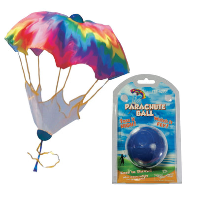 Rainbow Parachute Ball showcasing vibrant tie-dye parachute and colorful design, floating gently to the ground in an outdoor setting.