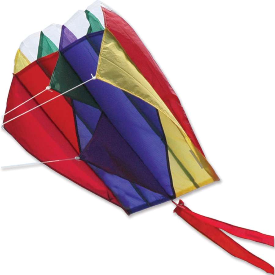 Rainbow Parafoil 2 kite flying in the air, measuring 13x21 inches, displaying bright colors against a clear sky, perfect for outdoor activities.