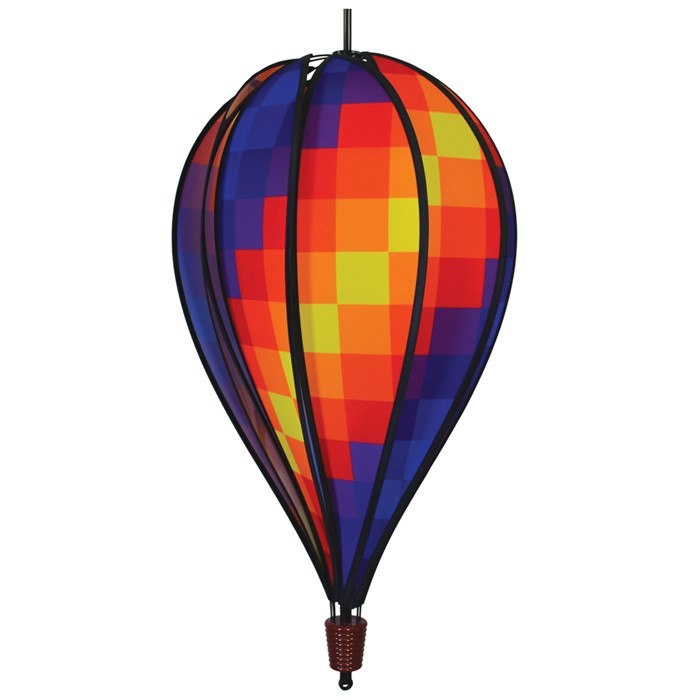 Rainbow Pixel 10-Panel Hot Air Balloon showcased in a garden, spinning in the breeze, showcasing its vibrant pixelated colors.
