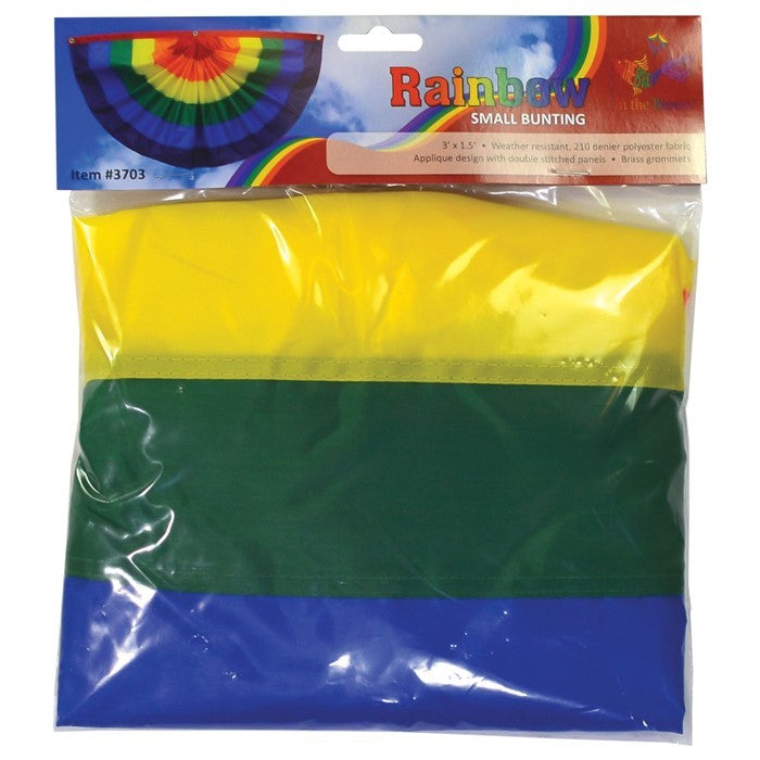 Rainbow Pleated Fan Bunting, 1.5' x 3', featuring vibrant colors and durable construction, beautifully displayed for pride celebrations outdoors and indoors.