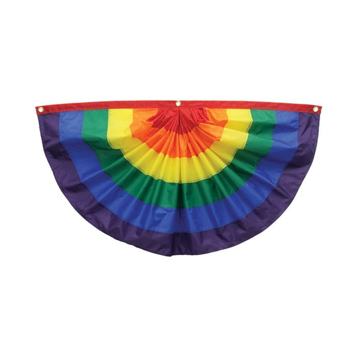 Rainbow Pleated Fan Bunting, 1.5' x 3', featuring vibrant colors and durable construction, beautifully displayed for pride celebrations outdoors and indoors.