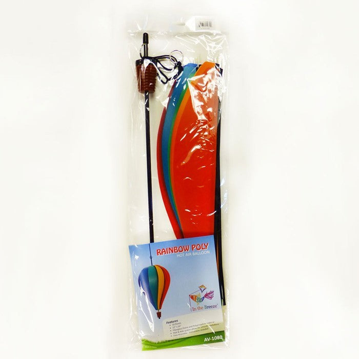 Rainbow Poly 10-Panel Hot Air Balloon spinner showcasing colorful panels in a garden setting, gently spinning in the breeze.