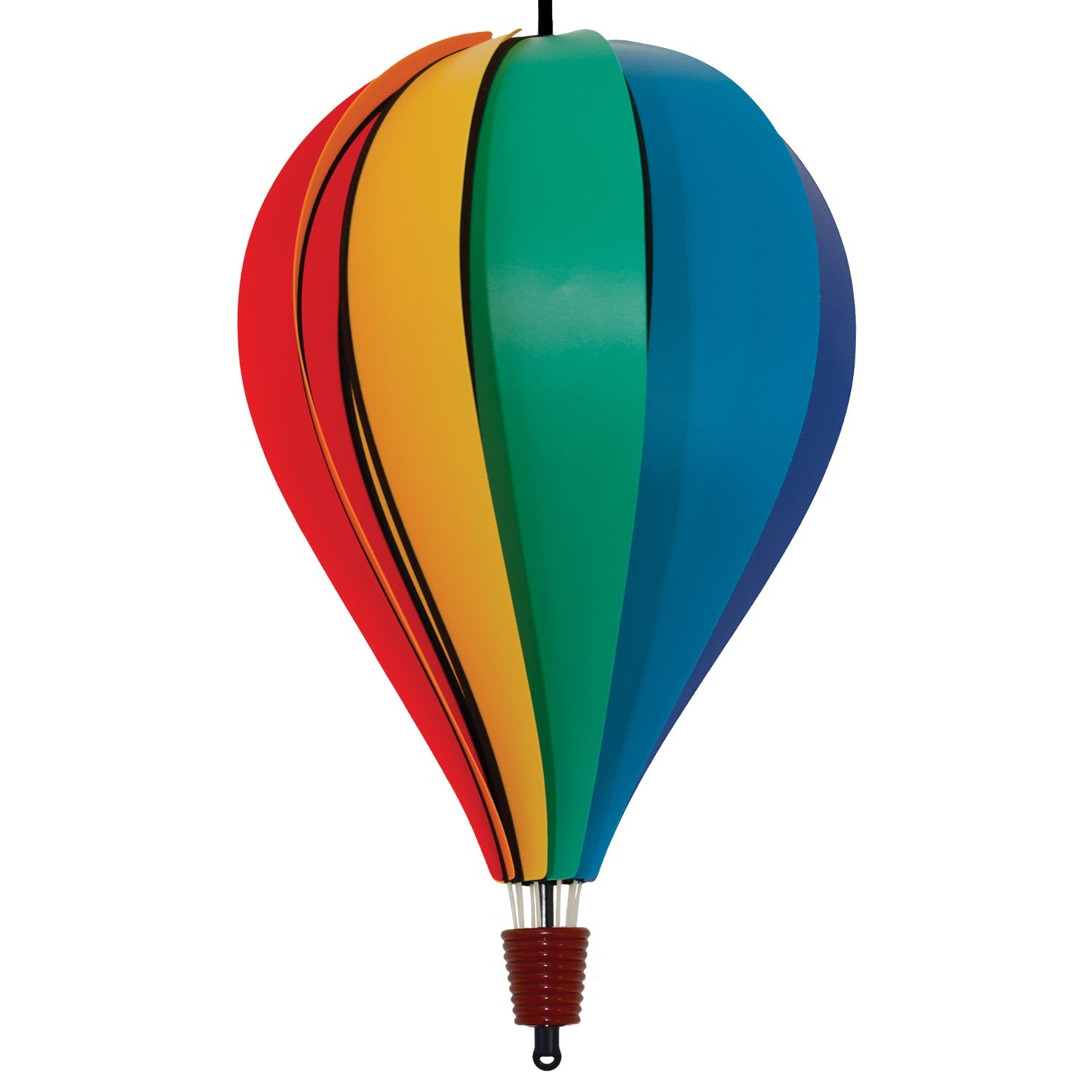 Rainbow Poly 10-Panel Hot Air Balloon spinner showcasing colorful panels in a garden setting, gently spinning in the breeze.