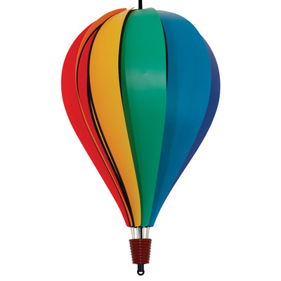 Rainbow Poly 10-Panel Hot Air Balloon spinner showcasing colorful panels in a garden setting, gently spinning in the breeze.