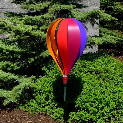 Rainbow Poly 10-Panel Hot Air Balloon Ground Spinner with colorful panels is a charming garden decoration that spins beautifully in the breeze.