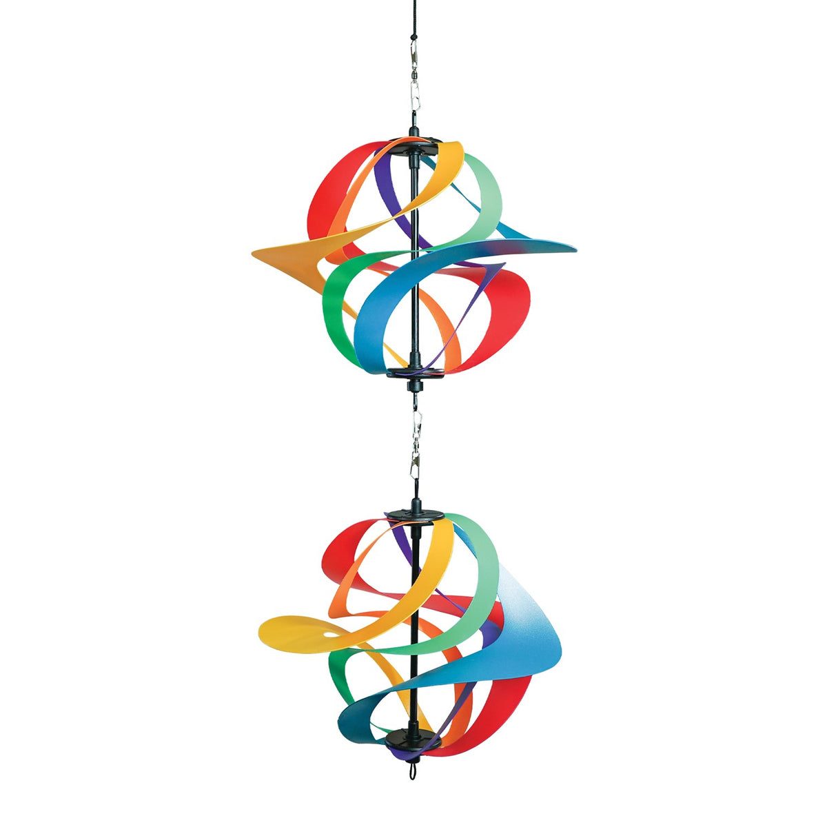 Colorful Rainbow Poly Vortex Double Spinner with interconnected spirals hanging in a garden, catching the breeze beautifully.
