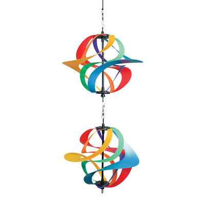 Colorful Rainbow Poly Vortex Double Spinner with interconnected spirals hanging in a garden, catching the breeze beautifully.