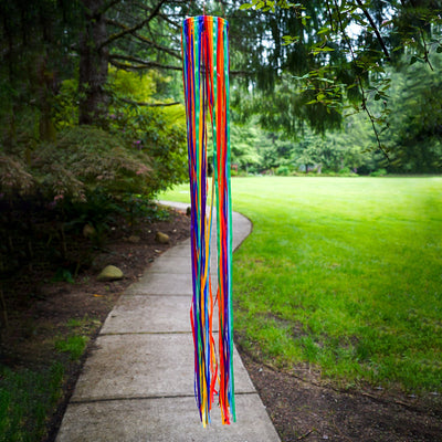 The Rainbow Ribbon Windsock features an array of shiny satin ribbons in vibrant colors, beautifully arranged around a 4.5-inch hoop, ideal for outdoor decoration.