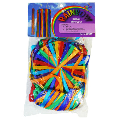 The Rainbow Ribbon Windsock features an array of shiny satin ribbons in vibrant colors, beautifully arranged around a 4.5-inch hoop, ideal for outdoor decoration.
