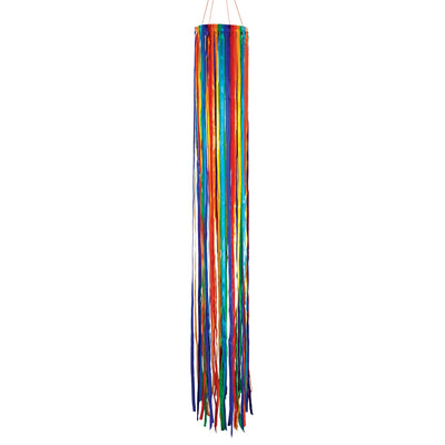 The Rainbow Ribbon Windsock features an array of shiny satin ribbons in vibrant colors, beautifully arranged around a 4.5-inch hoop, ideal for outdoor decoration.