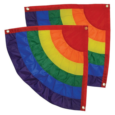 Set of 2 Rainbow Ruffle Corner Bunting flags with six sewn panels showcasing a vibrant rainbow spectrum, displayed outdoors.