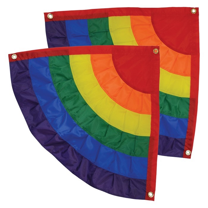 Set of 2 Rainbow Ruffle Corner Bunting flags with six sewn panels showcasing a vibrant rainbow spectrum, displayed outdoors.