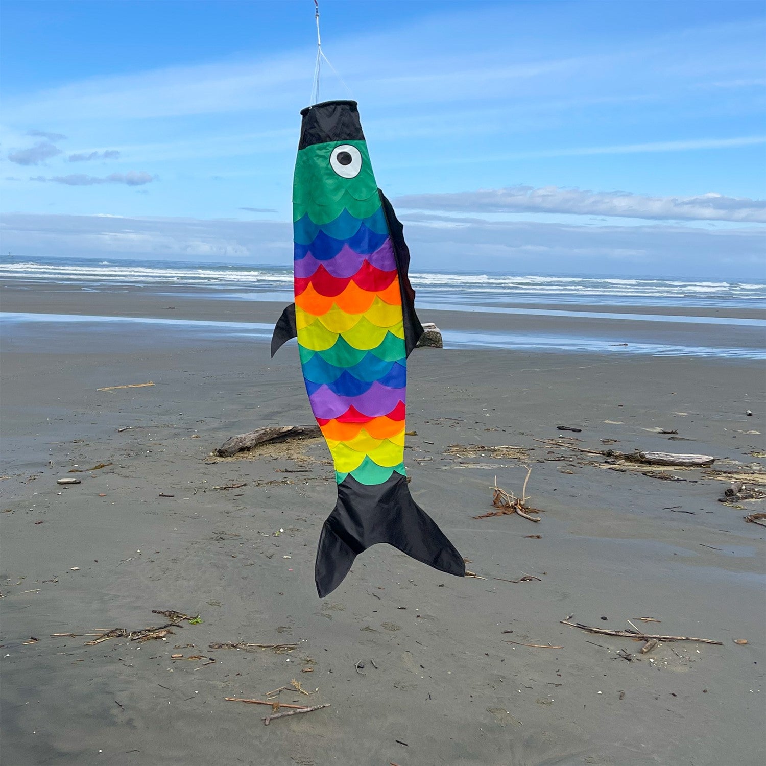 Rainbow Scales Fishsock, a colorful and whimsical windsock with detailed applique, displayed in an outdoor garden setting, showcasing its design.