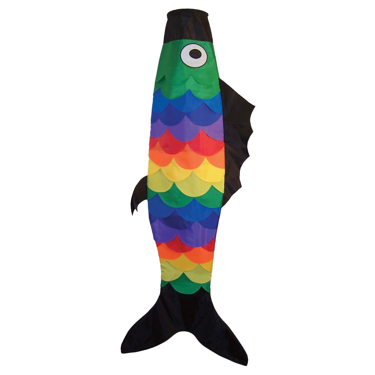 Rainbow Scales Fishsock, a colorful and whimsical windsock with detailed applique, displayed in an outdoor garden setting, showcasing its design.