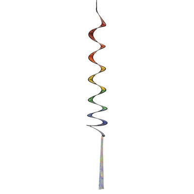 Rainbow Sparkle Curlie outdoor garden decor with vibrant colors, 48 inches long, swaying in the wind against a sunny background.