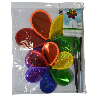 Rainbow Sparkle Double Flower garden spinner featuring double Mylar petals in a brilliant rainbow spectrum, easily rotates in the breeze to brighten gardens.