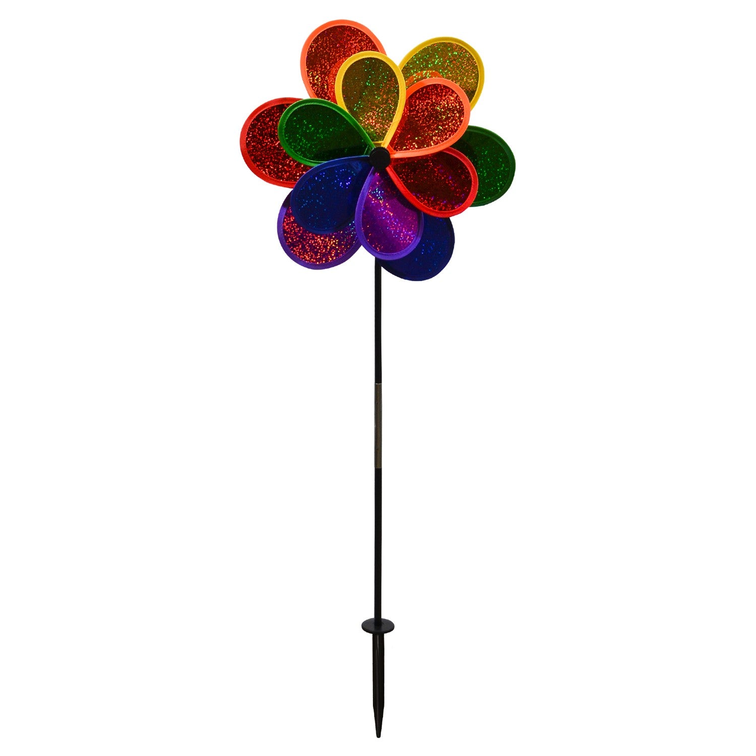 Rainbow Sparkle Double Flower garden spinner featuring double Mylar petals in a brilliant rainbow spectrum, easily rotates in the breeze to brighten gardens.
