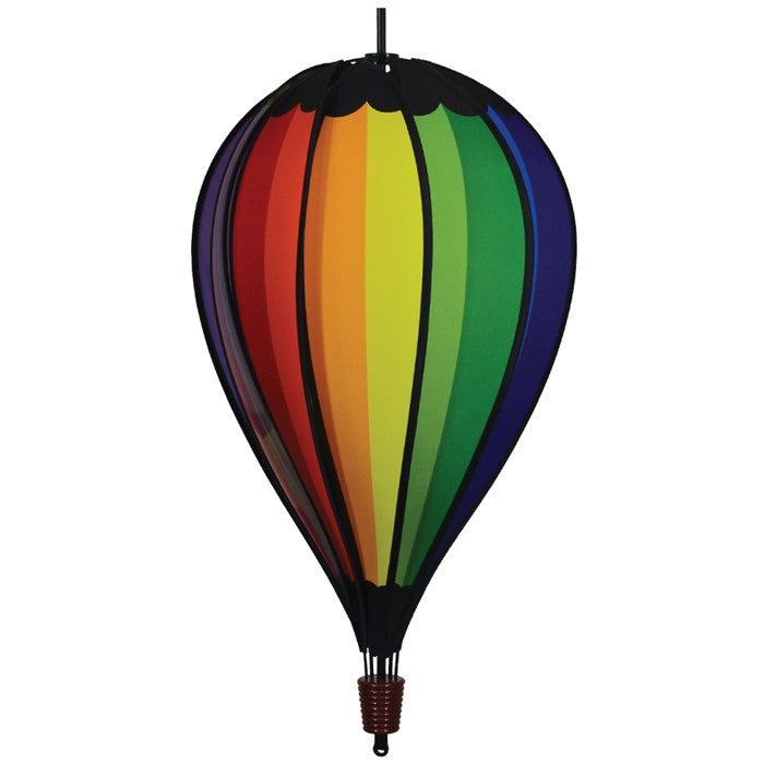 Rainbow Spectrum 10-Panel Hot Air Balloon spinner featuring colorful panels gently spinning in a garden setting, capturing the joy of outdoor decor.