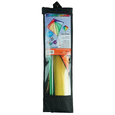 Colorful Rainbow Stained Glass 30-inch Diamond Kite flying against a blue sky, showcasing its vibrant stained glass patterns and attached tails.