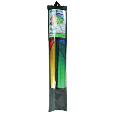 Rainbow Stained Glass 46" Diamond Kite soaring against a blue sky, showcasing vibrant colors and long, flowing tails during flight.