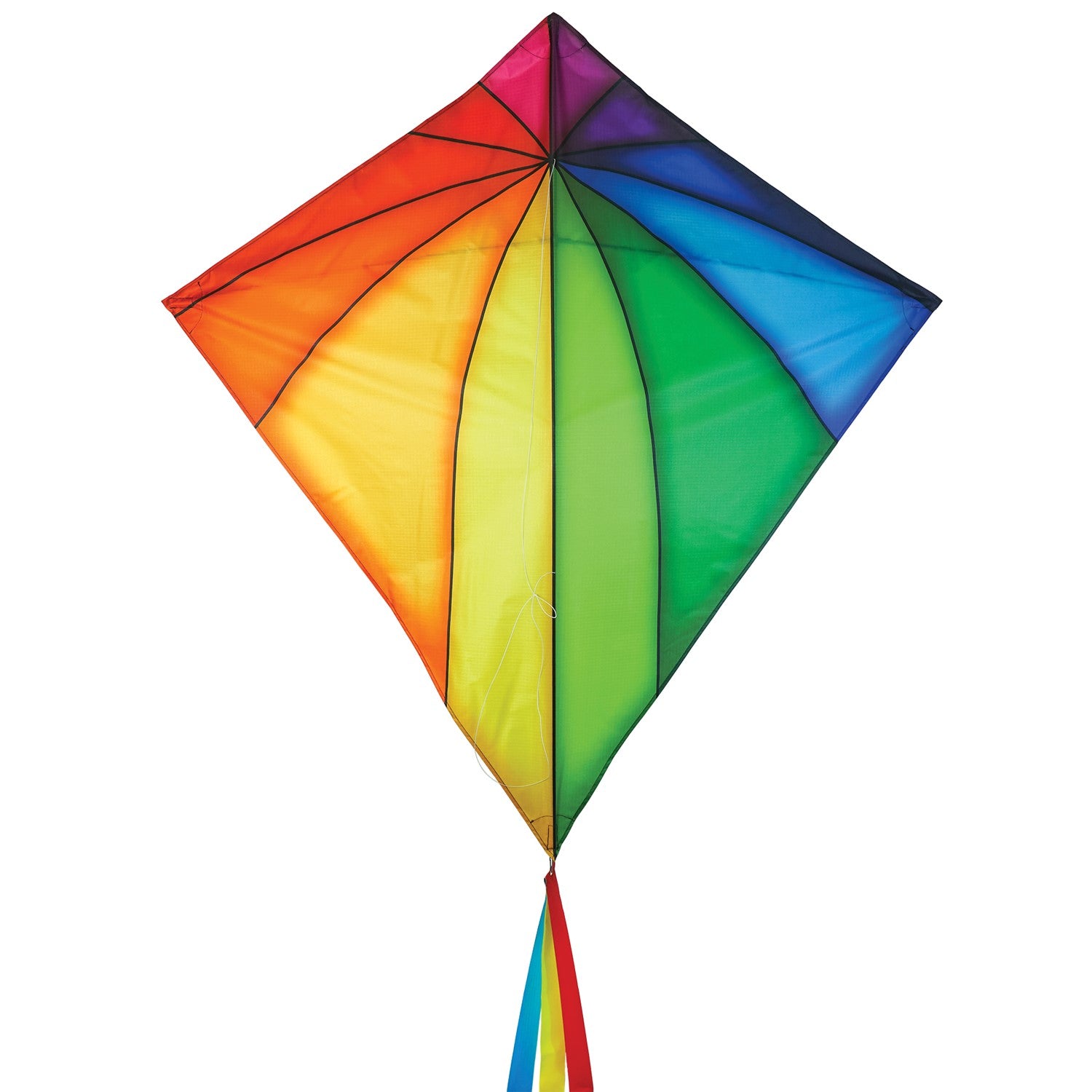 Rainbow Stained Glass 46" Diamond Kite soaring against a blue sky, showcasing vibrant colors and long, flowing tails during flight.