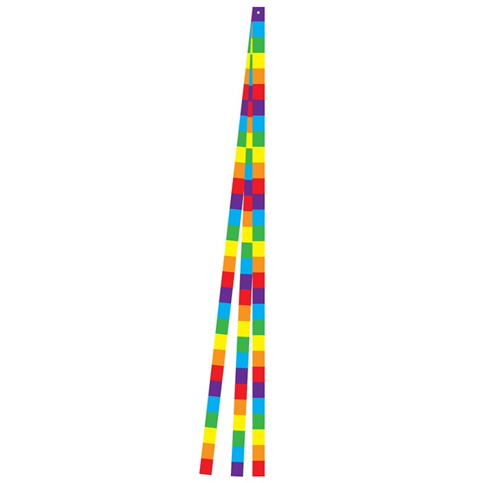 Rainbow Stripe 15' Tails in vibrant colors displayed fluttering in the wind, showcasing ripstop fabric and snap swivel attachment for easy use.