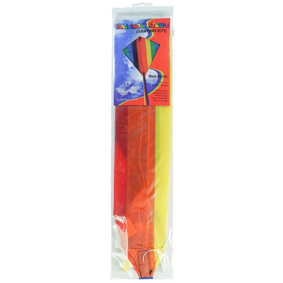 Rainbow Stripe 18" Diamond Kite flying high against a blue sky with colorful tails trailing behind, showcasing its vibrant spectrum design and classic shape.
