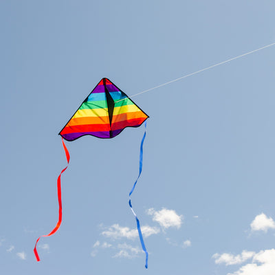 Colorful Rainbow Stripe 30-inch Delta Kite, featuring durable ripstop fabric and stable design, displayed soaring in a bright blue sky with playful tails fluttering below.