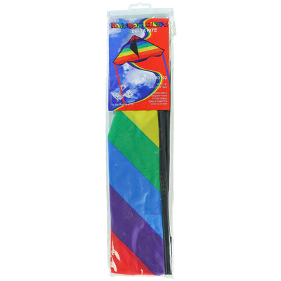 Colorful Rainbow Stripe 30-inch Delta Kite, featuring durable ripstop fabric and stable design, displayed soaring in a bright blue sky with playful tails fluttering below.
